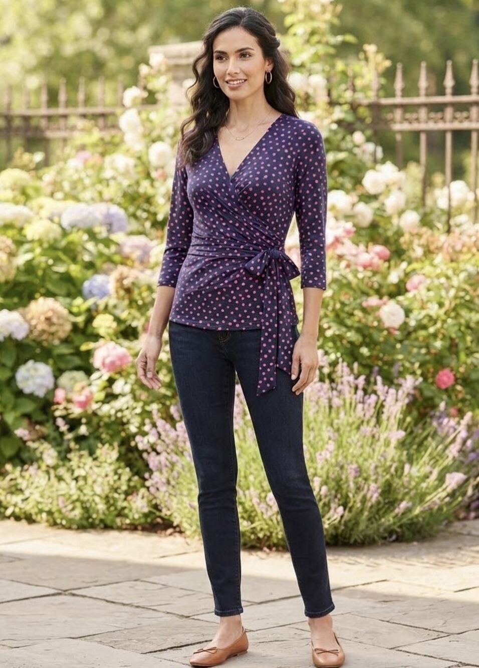 Leota Navy Pink Polka Dot Wrap Top Blouse 3/4 Sleeve Career Office Made USA XL